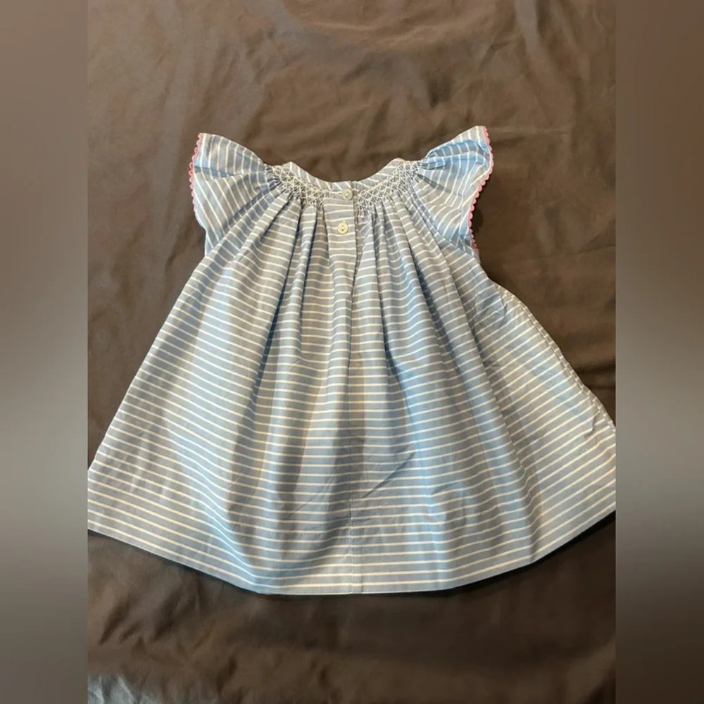Blue & White Striped Smocked Baby Dress with Pink Trim - Picture 3 of 3
